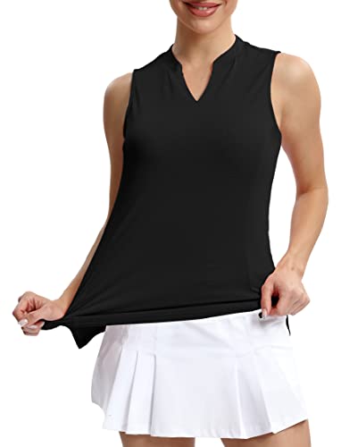 Women’s Polo V Neck Golf Shirts Workout Tops Sleeveless Breathable Short Sleeve UPF 50+ Black L