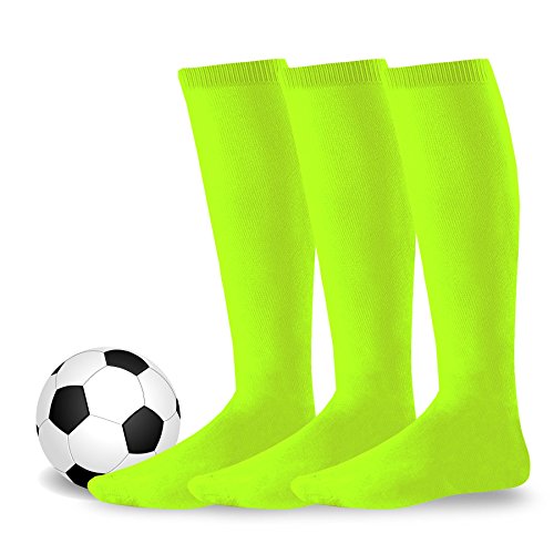 Soccer Athletic Softball Baseball Sports Team Cushion Socks for Kids 3-Pairs (Youth (5-7), Neon Green)