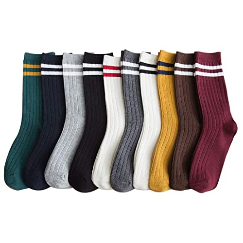 Redwind 10 Pairs Fashion All Season Striped Crew Socks, Athletic Retro Cute Socks for Women Girls