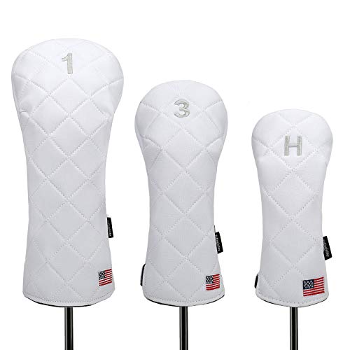 Golf Head Covers (3PCS) Driver Fairway #3 Hybrid USA Flag for Club Men Women (White)