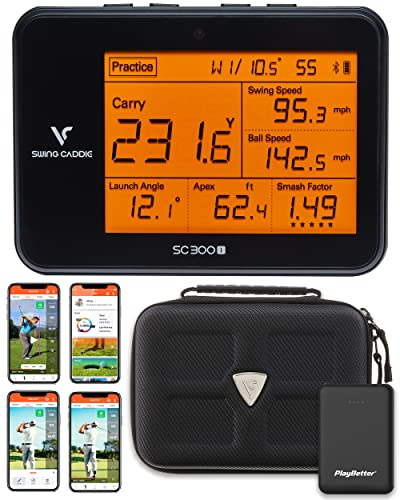 PlayBetter Swing Caddie SC300i Portable Golf Launch Monitor | Accurate Carry/Total Distance, Smash Factor, Ball Speed | Doppler Shot Tracker | Power Bundle Portable Charger & Voice Caddie Case