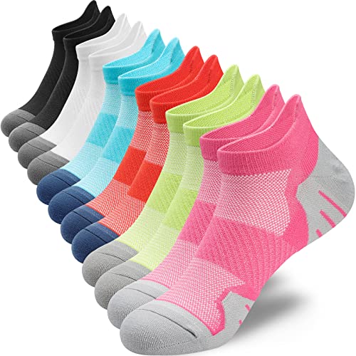PAPLUS Womens Ankle Compression Running Socks 6 Pairs, Cushioned Low Cut Athletic Socks with Arch Support, Black/White/Blue/Pink/Orange/Green
