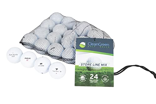 Clean Green Golf Balls 24 Store Line Recycled Golf Balls Mix – Includes Used Golf Balls Bulk and Mesh Reusable Bag – Recycled & Used Golf Balls for Men and Women