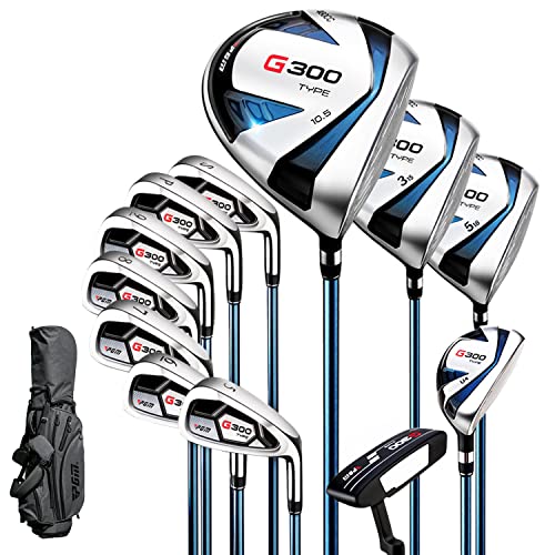PGM Men’s Complete Golf Club Sets – 12 Pieces – 3 Wood (#1,3,5), 1 Hybrid (#4H), 6 Irons(#5,6,7,8,9,PW), 1 Sand Wedge (55°), 1 Putter – Golf Stand Bag – Titanium Club Head, Graptlite Shaft