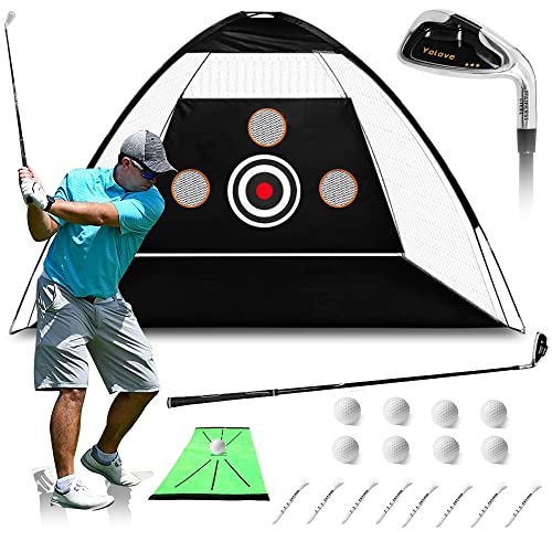 Complete Golf Practice Net Set – 10x7ft Net with Targets, 1 Golf Club, 1Golf Matn, 8 Balls, and Tees for Indoor and Outdoor Backyard Driving and Chipping Practice with Targets.