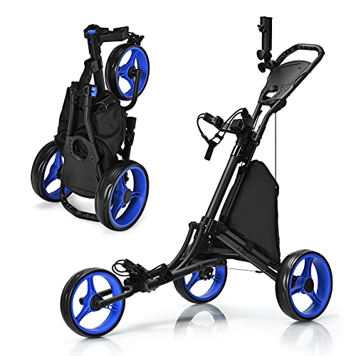 GYMAX Golf Push Cart, 3 Wheels Aluminum Folding Height Adjustable Golf Push Trolley with Umbrella Holder & Waterproof Bag, Portable Lightweight Quick Open Fold Golf Cart (Blue)