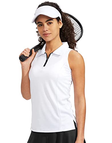 Viodia Women’s Sleeveless Golf Shirt with Zip Up Tennis Quick Dry Tank Tops Polo Shirts for Women Golf Apparel Clothes White