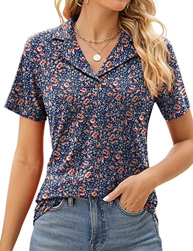 LOMON Womens Polo Shirts V Neck Collared Work Shirts Short Sleeve Summer Floral Tops Blue Brown Floral XL