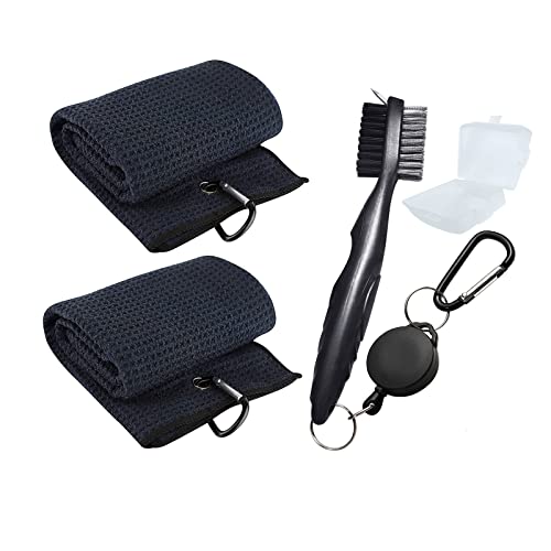TAO CICADA Golf Towels, Golf Towel and Brush Set, with Carabiner Clip Golf Towel and with Retractable Zip-line Golf Club Brush (Black)
