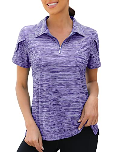 Viracy Short Sleeve Golf Tops for Women, Overlap Sleeve 1/4 Zip Up Golf Shirts Quick Dry Breathable Sun Protection Tennis Apparel, Purple-XL