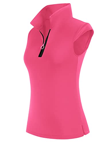 Golf Polo Shirts for Women Slim Fit Sleeveless Quick Dry Shits for Ladies Tennis Apparel with Zipper UPF 50+(XL, Hot Pink)