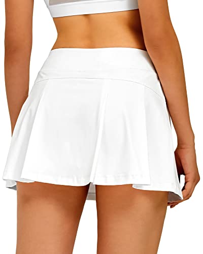 Stelle Women’s Tennis Skirt Pleated Golf Skorts High Waisted with Pockets Inner Shorts Athletic for Workout Sports(White-Nylon,S)