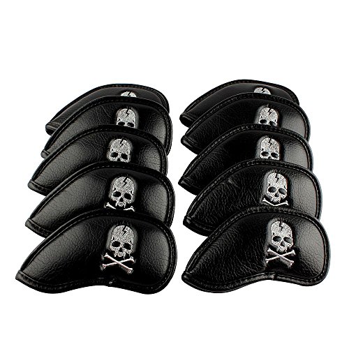 Craftsman Golf 10pcs Black Skull Thick Pu Synthetic Leather Golf Iron Head Covers Set Headcover Skull Fit All Brands Callaway, Ping, Taylormade, Cobra, Etc.