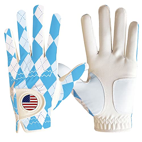 FINGER TEN Golf Gloves Blue Plaid Men Left Hand Right with Ball Marker Pack, Mens Leather Golf Glove All Weather Grip, Fit Size Small Medium ML Large XL (Blue Plaid, Medium/Large, Left)