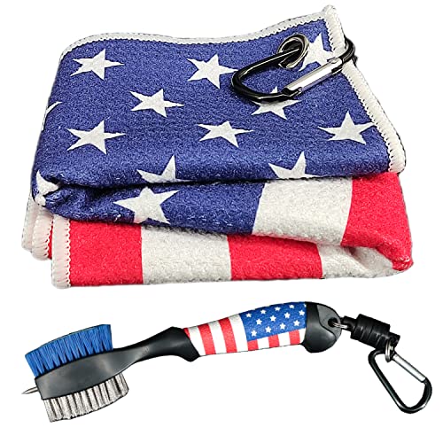 Golf Club Brush and Amercian Flag Golf Towels, Golf Groove Cleaner Cleaning kit, Golf Accessories Cleaner Tool with Strong Magnet Stick to Golf Clubs or Bag