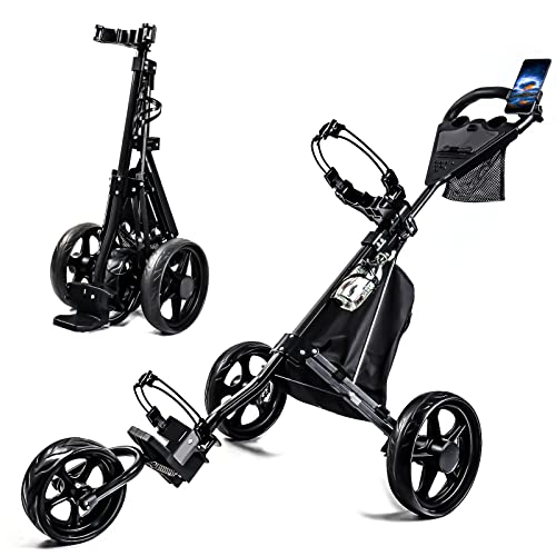 HOW TRUE Golf Push cart, Foldable Golf Cart, Golf Bag cart with Foot Brake & Phone Holder & Water Proof Cooler Bag and Adjustable Handle