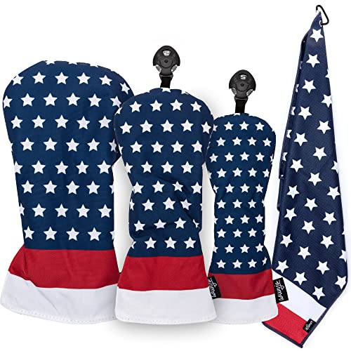 Golf Head Covers – Headcovers for Woods and Driver Golf Clubs -Fun Stars Pattern with Matching Microfiber Towel and Rotatable Id Tags (3 Covers)