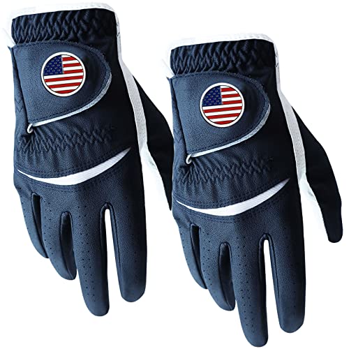 FINGER TEN Golf Gloves Men Right Handed Golfer 2 Pack Left Hand with Ball Marker Leather Premium Weathersof Grip Soft (Blue,Large,Worn on Left Hand)