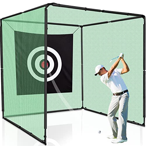 Poen Golf Cage Net Set Steel Metal Golf Net Cage Golf Hitting Net with Targets Training Aids High Impact Golf Net System Heavy Duty Golf Cage Net for Backyard Golf Driving 7 x 7 x 7 ft (Classic)