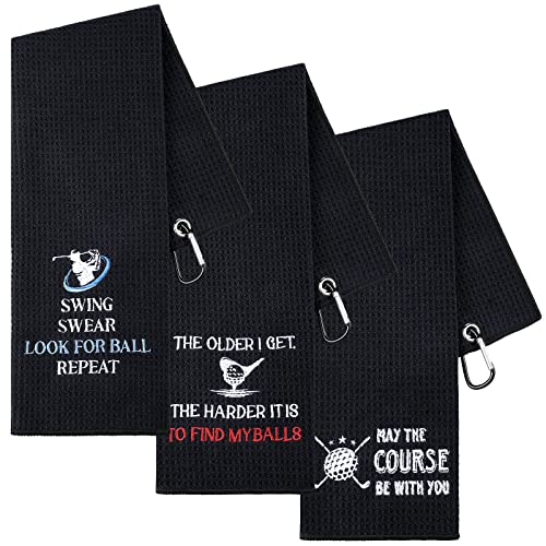 3 Pack Funny Golf Towel Embroidered Golf Towels for Golf Bags with Clip Golf Gifts for Men Women Birthday Gifts for Golf Fan, Retirement Gift (Black, Gentle Style)