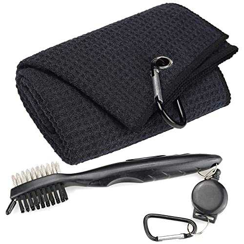 Mile High Life Microfiber Waffle Pattern Tri-fold Golf Towel | Brush Tool Kit with Club Groove Cleaner, Retractable Extension Cord and Clip (Black Towel+Black Brush)