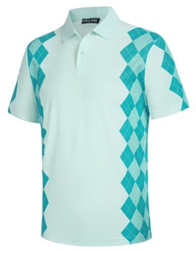 PJ PAUL JONES Sports Golf Polo Shirts for Men Short Sleeve Argyle Contrast Color Block Moisture Wicking Performance Tshirts Blue Green M