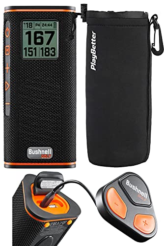 Bushnell Wingman View Golf Speaker | Easy-to-Read LCD Display, Bluetooth Music & Audible GPS Distances | 2023 | Bundle with Wingman View & Protective Wingman Pouch | 362210