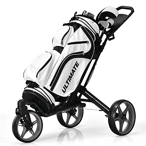 Tangkula Golf Push Cart with 360° Swivel Front Wheel, Aluminum Collapsible 3 Wheels Golf Pull Cart, Golf Trolley w/Elastic Strap, Scoreboard Storage & Foot Brake, Height-Adjustable Handle (Grey)