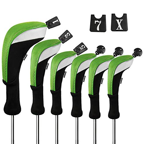 Andux Golf Club Head Covers Set Long Neck (3pcs Hybrid Covers + 3pcs Wood Covers) Green