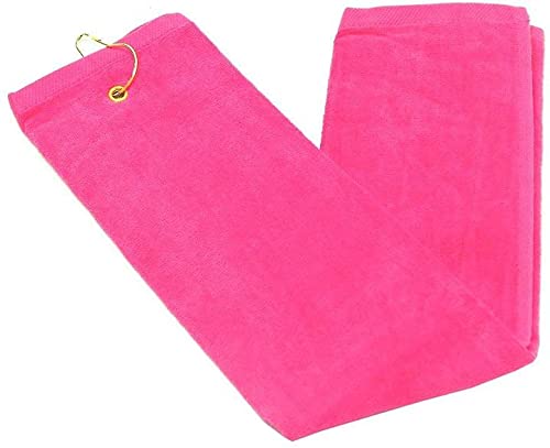 (New Upgraded Material) Premium Velour Pink Tri-fold Golf Towel with Clip. 16″x26″ – Long, Soft, Quick Drying, Absorbent. Attaches Easily to Your Bag.