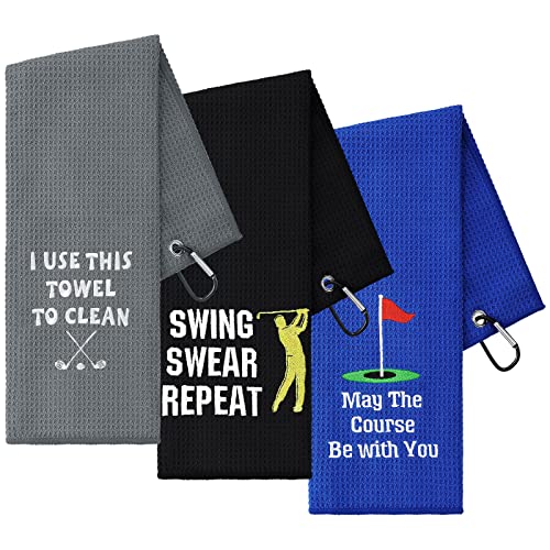 3 Pack Funny Golf Towel Embroidered Golf Towels for Golf Bags with Clip Golf Gifts for Men Women Birthday Gifts for Golf Fan, Retirement Gift (Black, Gray, Blue, Warm Style)