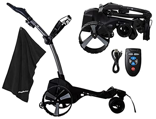 MGI Zip Navigator Electric Golf Caddy (Titanium Gray) PlayBetter Bundle with Remote Control & PlayBetter Premium Extra Large Towel – Motorized Push Cart with Full Directional Remote Control, Gyroscope