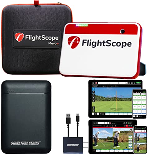 FlightScope Mevo+ 2023 Edition – Golf Launch Monitor | Simulator with Pro Package and Signature Power Bundle | 50+ Full Swing, Short Game and D-Plane Data Parameters, 10 Courses and 17 Practice Ranges