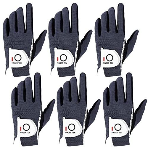 FINGER TEN Men’s Golf Glove Right Handed Left Hand Value 6 Pack, Rain Hot Wet Grip, Black Durable Fit Small Medium Large XL (26=Large Grey)