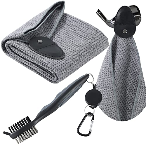 GRAPMKTG Magnetic Golf Towel Microfiber Waffle Pattern Golf Towels with Magnet Golf Club Brush and Groove Cleaner Accessories Golf Gifts for Men Women Grey