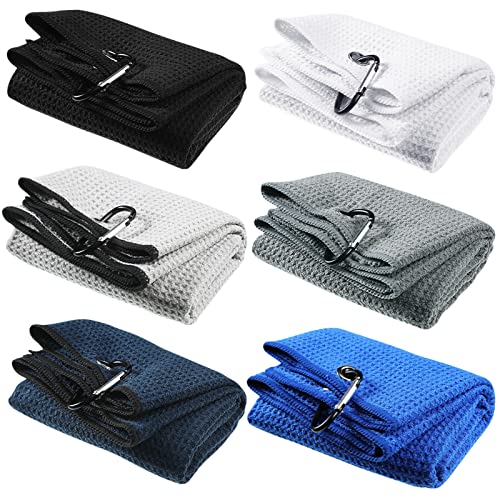 6 Pcs Tri-fold Golf Towel 16 x 23 Inch Microfiber Fabric Golf Towels for Golf Bags with Heavy Duty Clip Waffle Pattern Golf Towel for Men Women Golf Club Gifts, 6 Color Options (Dark Color Series)