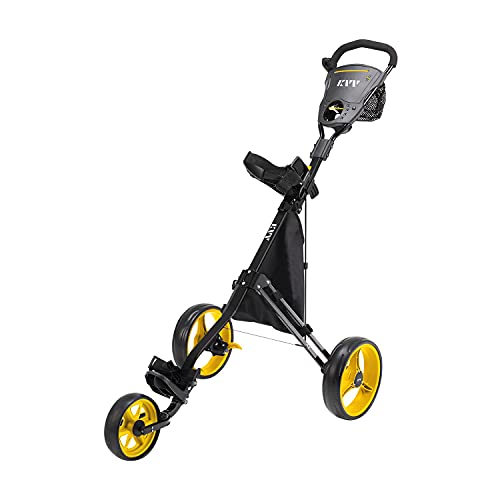 KVV Foldable Lightweight 3 Wheel Golf Cart with Stylish Scorecard Holder, Storage Bag-Easy to Open and Close(Black/Yellow)