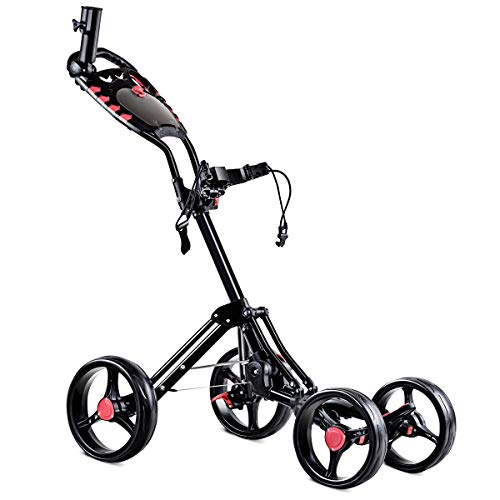 Tangkula Golf Push Pull Cart, Lightweight Aluminum Collapsible 4 Wheels Golf Push Cart, Golf Trolley with Foot Brake, Free Cup Holder & Umbrella Holder, Height-Adjustable Handle (Black)