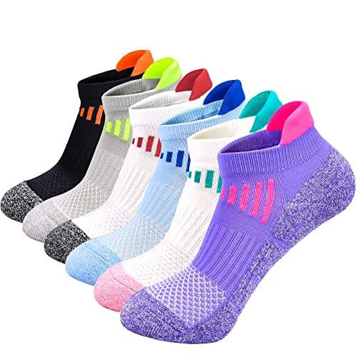 J.WMEET Womens Ankle Athletic Socks Low Cut Cushioned Breathable Running Performance Sport Tab Cotton Socks 6 Pack (Multicoloured)