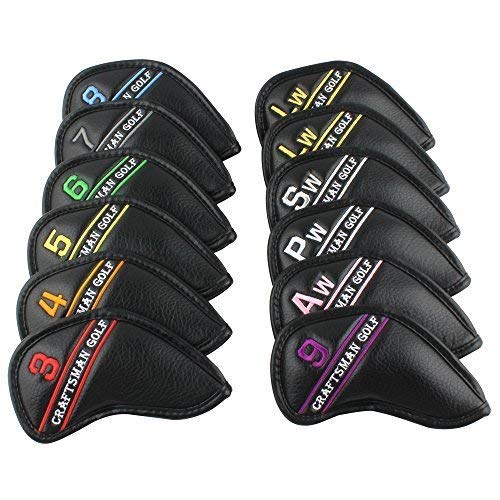 CRAFTSMAN GOLF 12pcs Black Synthetic Leather Golf Iron Head Covers Set Headcover with Colorful Number Embroideried,Easily get The Needed Iron for Callaway, Ping, Taylormade, Cobra Etc.