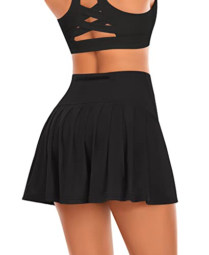 Pleated Tennis Skirts for Women with Pockets Shorts Athletic Golf Skorts Running Workout Sports Activewear Skirt (Black, Small)