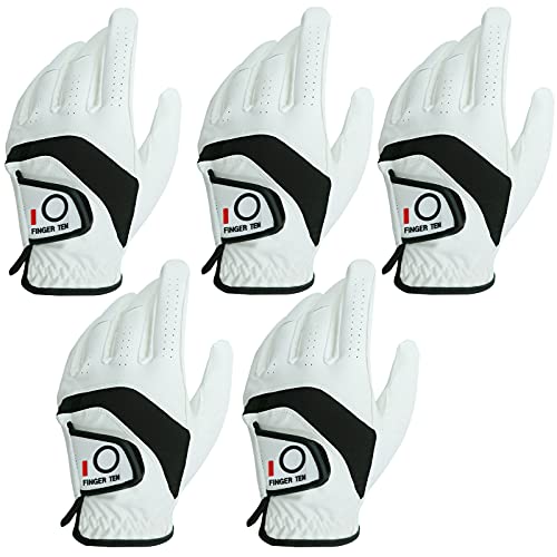 FINGER TEN Golf Gloves Men Left Hand Right with Ball Marker Pack, Mens Leather Golf Glove All Weather Grip, Fit Size Small Medium ML Large XL (White(Men Gloves), Large(Worn On Left Hand))