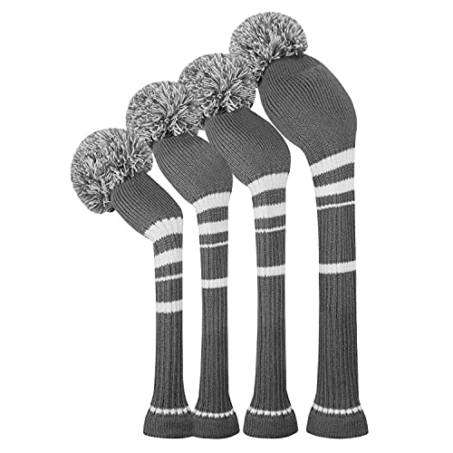 Scott Edward Steel Gray White Stripes Golf Club Covers Set of 4 Double-Layer Yarn Knit Driver Head Cover*1 Fairway Head Covers*2 and Hybrid(UT) Headcover*1