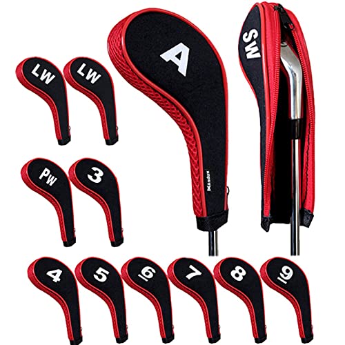 Andux Number Print Golf Iron Club Head Covers Long Neck with Zipper 12pcs/Set Black/red