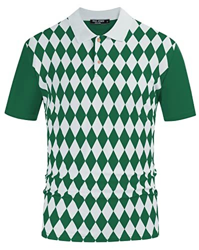 PJ PAUL JONES Men’s Argyle Print Tops Outdoor Golf Shirt Turn Down Collar Polos Green M