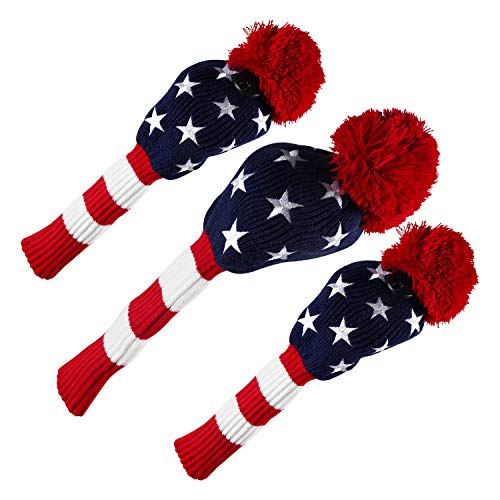 PINMEI Golf Headcover Knitted Golf Club Head Covers Set of 3,fit for Driver,Fairway Wood, Hybrid Head Cover Headcover for Callaway Mizuno Cobra Taylormade (US Star)