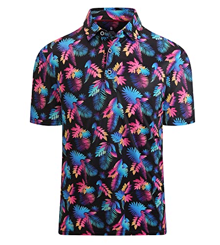 Alex Vando Mens Golf Shirt Moisture Wicking Quick-Dry Print Performance Polo Shirts for Men,Black Leaf,L