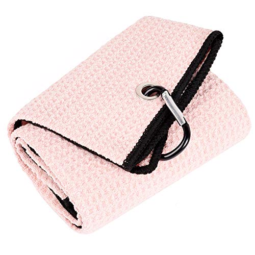 Mile High Life Tri-fold Golf Towel | Premium Microfiber Fabric | Waffle Pattern | Heavy Duty Carabiner Clip (Pink/Black)