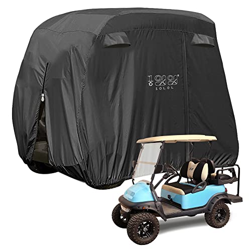 10L0L 4 Passenger Golf Cart Cover Fits EZGO, Club Car, Yamaha, 400D Waterproof Windproof Sunproof Outdoor All-Weather Polyester Full Cover with Three Zipper Doors – Black