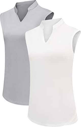 TrendiMax Women’s 2 Pack Golf Shirts Sleeveless V Neck Tennis Polo Shirt Quick Dry Athletic Workout Tank Tops